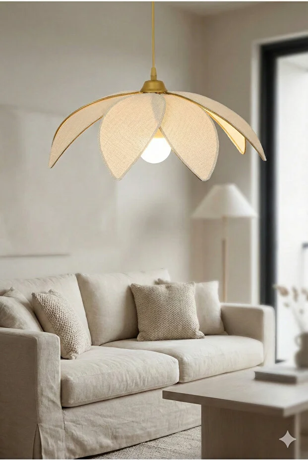 Lotus Çiçeği Tasarımlı Modern Avize - Eskitme Çerçeveli Kumaş Kaplama